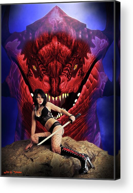 Rebel Acrylic Print featuring the pyrography Rebel With Dragon by Jon Volden