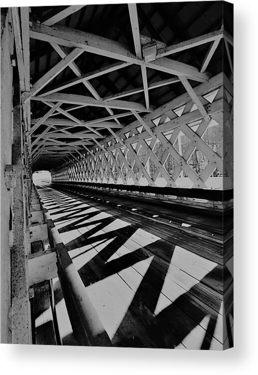 Covered Bridge Acrylic Print featuring the photograph Black and White Reflective Lines of a Covered Bridge by Lisa Cuipa