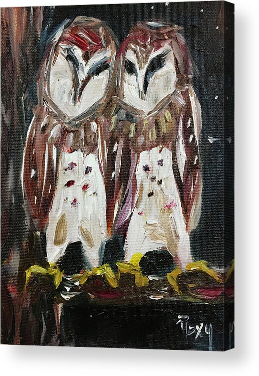 Owls Acrylic Print featuring the painting Resident Gangstas Backyard Barn Owls by Roxy Rich