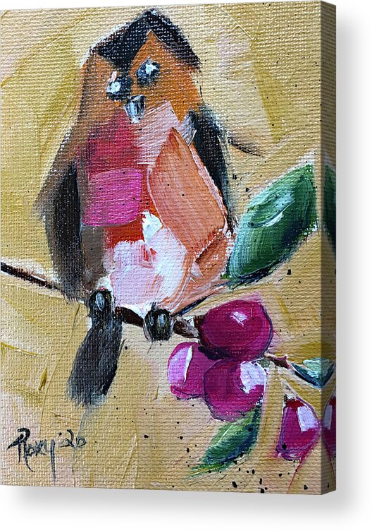 Robin Acrylic Print featuring the painting Robin on a Berry Branch by Roxy Rich