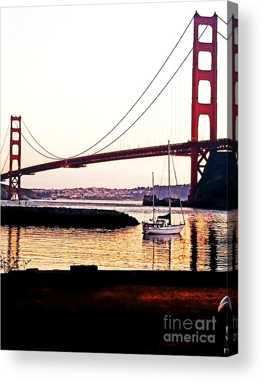 Golden Gate Bridge Acrylic Print featuring the painting SF Fog Meets October Sunset by Artist Linda Marie