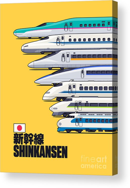Train Acrylic Print featuring the digital art Shinkansen Bullet Train Evolution - Yellow by Organic Synthesis