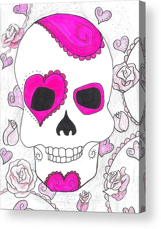 Skull And Hearts Acrylic Print featuring the mixed media Sugar Skull and Roses by Expressions By Stephanie