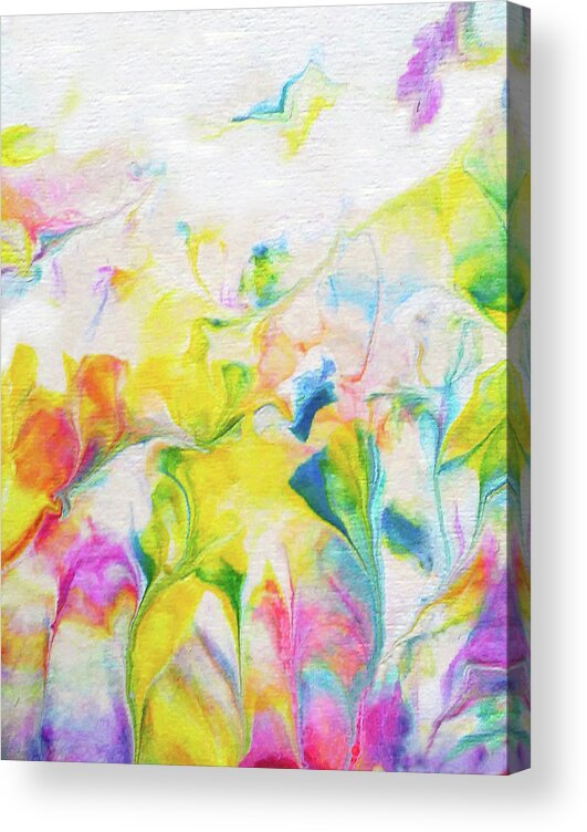 Abstract Floral Happy Yellows Pinks Blues Acrylic Acrylic Print featuring the painting Summer Bloom by Deborah Erlandson