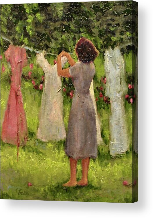 Women Hanging Clothes Acrylic Print featuring the painting Summer Breeze by Ashlee Trcka