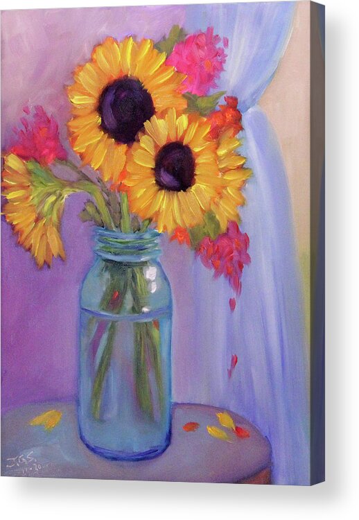 Flowers Acrylic Print featuring the painting Sunflowers in jar by Janet Greer Sammons