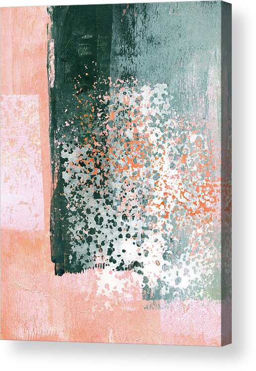 Painting Acrylic Print featuring the painting Surfaces 3 - Abstract in Green, Teal, Coral, Pink and White by Menega Sabidussi