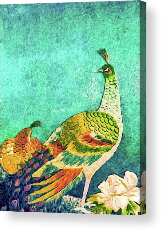 Handsome Peacock Acrylic Print featuring the tapestry - textile The Handsome Peacock - Kimono Series by Susan Maxwell Schmidt
