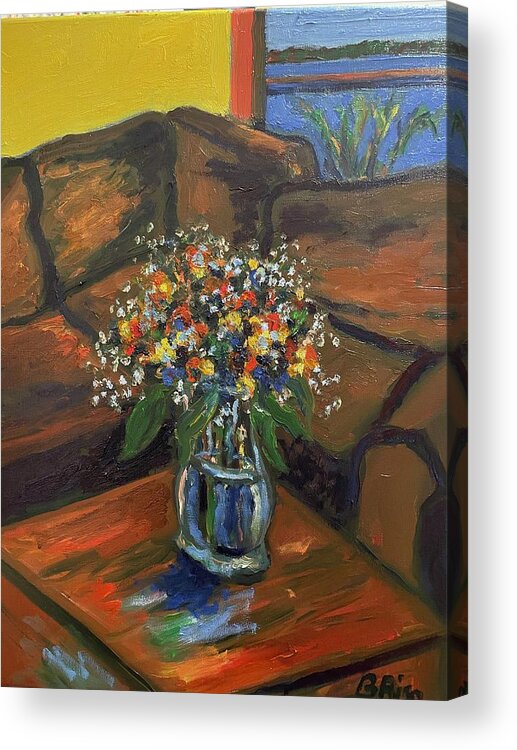 Office Flowers Still Life Vase Couch Acrylic Print featuring the painting The Office office still life base flowers by Beth Riso