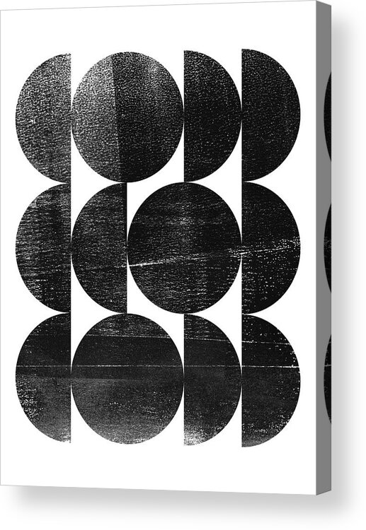 Black And White Mid Century Modern Abstract Acrylic Print featuring the digital art Triple Circles Black and White Mid Century Modern Geometric Monotype by Janine Aykens