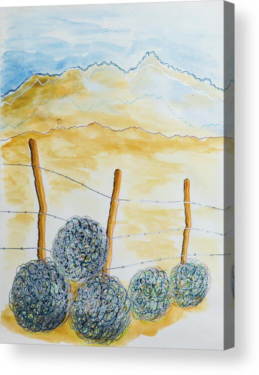 Mountains Acrylic Print featuring the painting Tumbleweeds and Fence 3 by Ted Clifton