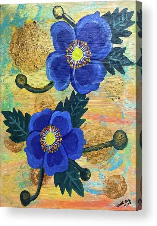 Gold Acrylic Print featuring the painting Two Blue Flowers by Christina Wedberg