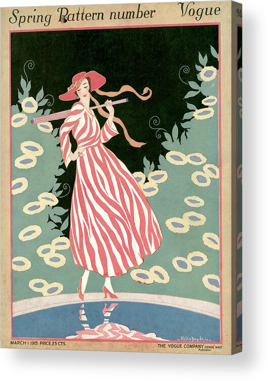 Illustration Acrylic Print featuring the painting Vogue Cover Illustration Of A Woman Walking By A Pond by Helen Dryden