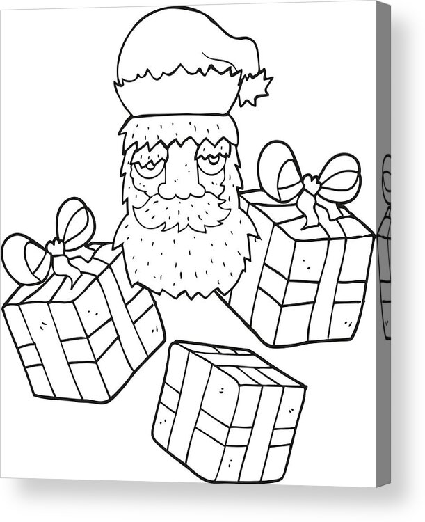 Black And White Cartoon Tired Santa Claus Face With Presents Acrylic Print