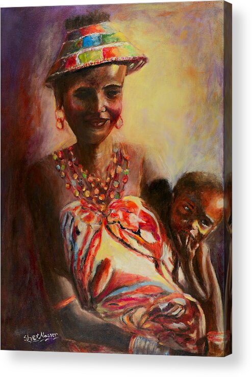 Sher Nasser Artist Acrylic Print featuring the painting African Mother and Child by Sher Nasser Artist