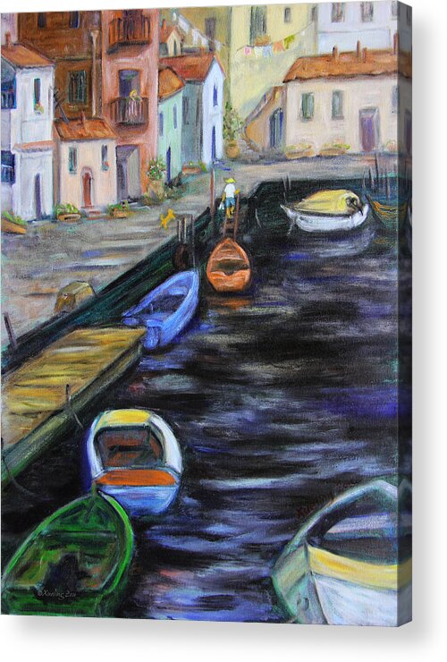 Village Acrylic Print featuring the painting Boats in front of the Buildings III by Xueling Zou
