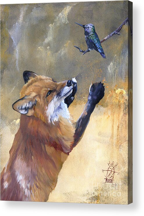 Wildlife Art Acrylic Print featuring the painting Fox dances for Hummingbird by J W Baker