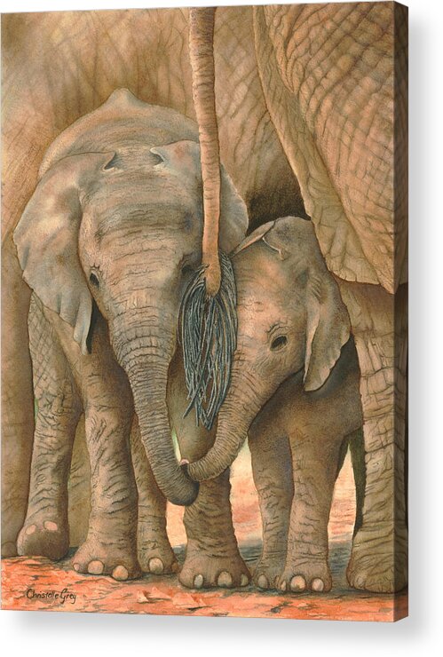 Baby Elephants Acrylic Print featuring the painting Sibling Love by Christelle Grey