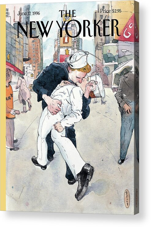 Don't Ask Acrylic Print featuring the painting A Couple Reenacts A Famous World War II Kiss by Barry Blitt