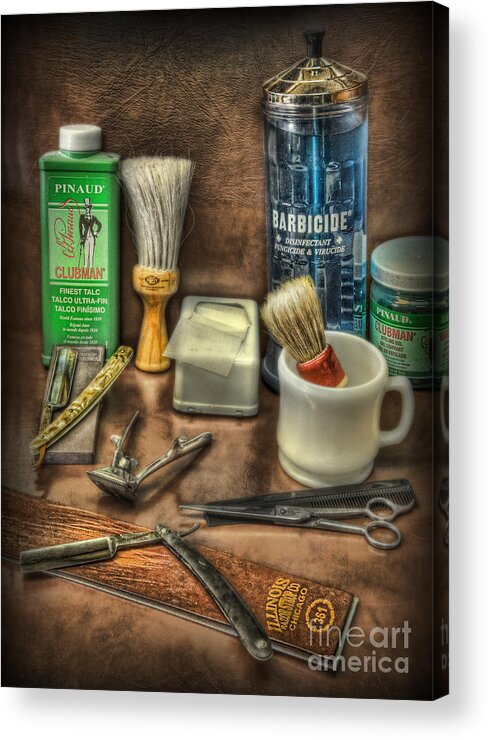 Barbicide Acrylic Print featuring the photograph Barber Shop Tools by Lee Dos Santos