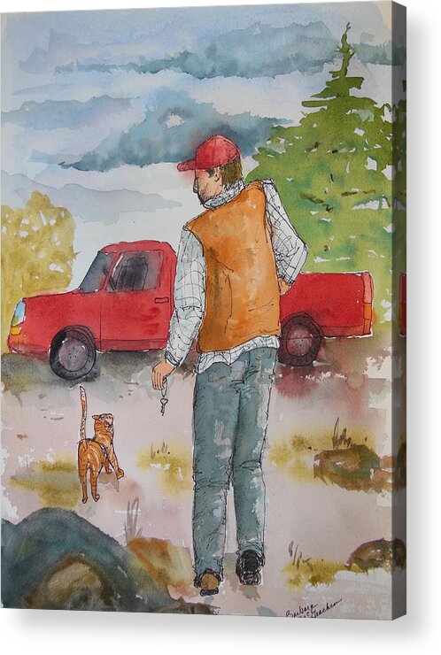 Man Interacting With Cat Acrylic Print featuring the mixed media Be Right Back by Barbara McGeachen