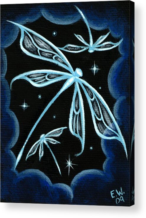 Fantasy Dragonfly Acrylic Print featuring the painting Blue Crystal Winged Dragonflies by Elaina Wagner