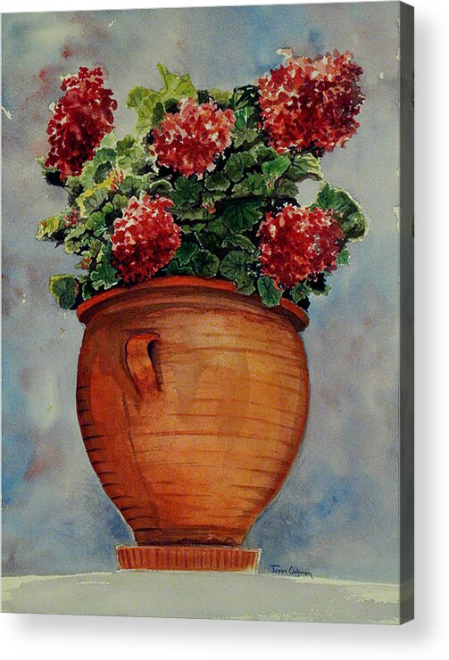 Painting Of A Pot Of Geraniums Acrylic Print featuring the painting Brightening the Day by Terri Meyer