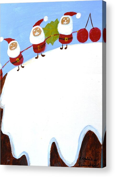 Merry Christmas Acrylic Print featuring the painting Christmas Pudding and Santas by Magdalena Frohnsdorff