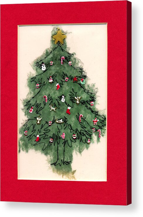 Christmas Paintings Acrylic Print featuring the painting Christmas Tree with Red Mat by Mary Helmreich
