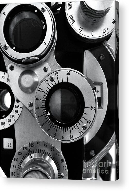 Black And White Acrylic Print featuring the photograph Closeup of a Phoropter Eye Examination Equipment by Amy Cicconi