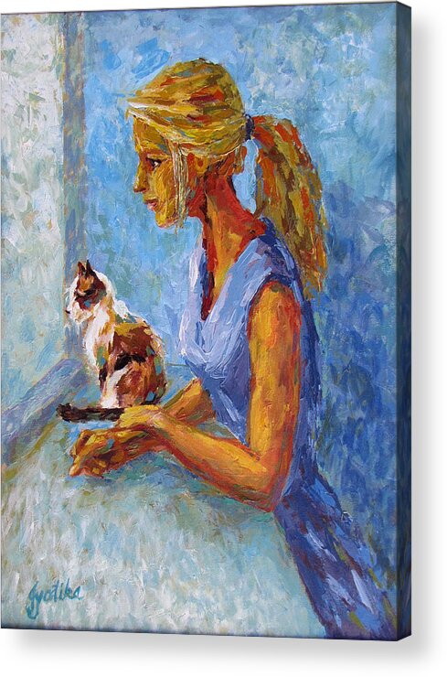Girl And Cat Acrylic Print featuring the painting Curiosity by Jyotika Shroff