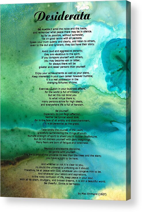 Desiderata Acrylic Print featuring the painting Desiderata 2 - Words of Wisdom by Sharon Cummings