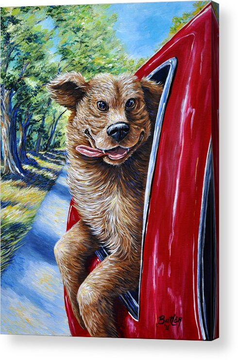 Animal Dog Car Pet Happy Ride Country Art Red Companion Friend Acrylic Print featuring the painting Dog...Gone Happy by Gail Butler