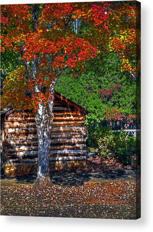 Fall Acrylic Print featuring the photograph Dry Brush Painting Effect Red leaves over a log cabin by Andy Lawless