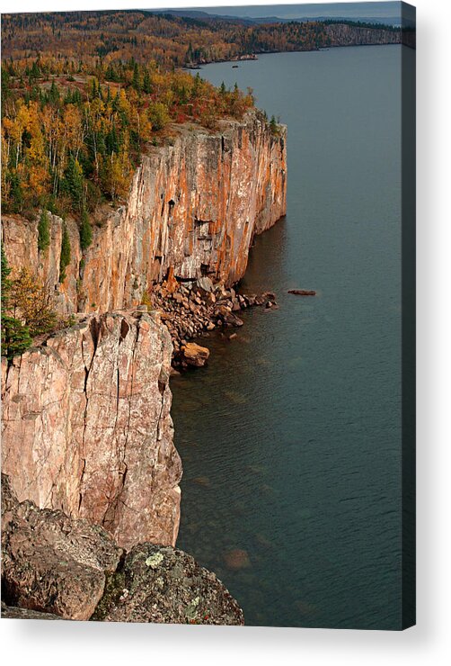 Peterson Nature Photography James Melissa Palisade Head Tettegouche State Park Parks North Shore Autumn Fall Color Colors Water Waterscape Waterscapes Lake Superior Great Lakes Depths Cliff Face Jagged Rugged Cliffs Blue Heights Clear Shoreline Minnesota Mn Landscape Landscapes Seascapes Seascape Cloud Clouds Silver Bay Sheer Sky Skies Deep Dark Stormy Rainy Incredible Scene Scenic View Serene Natural Beauty Beautiful Rocks Ledge Rocky Dynamic Rock Climbing Season Vista Lookout Northern America Acrylic Print featuring the photograph Fall Colors Adorn Palisade Head by James Peterson
