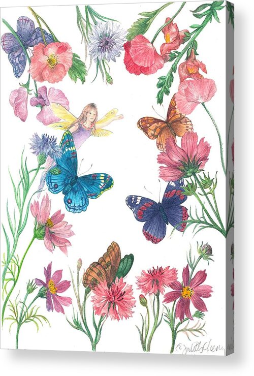 Flower Fairy Acrylic Print featuring the painting Flower Fairy Illustrated Butterfly by Judith Cheng