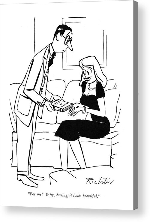 113780 Mri Mischa Richter Woman Receives A Book From A Man. Affection Affectionate Author Authors Book Books Christmas Claus Cupid Dating Essay Essays ?ction ?owers Gift Gifts Holiday Holidays Literature Love Lovers Man Novel Novels Present Presents Publication Publications Publishing Reader Readers Receives Relationship Relationships Romance Santa Season Seasons Stories Story Woman Writer Writers Xmas Acrylic Print featuring the drawing For Me? Why by Mischa Richter