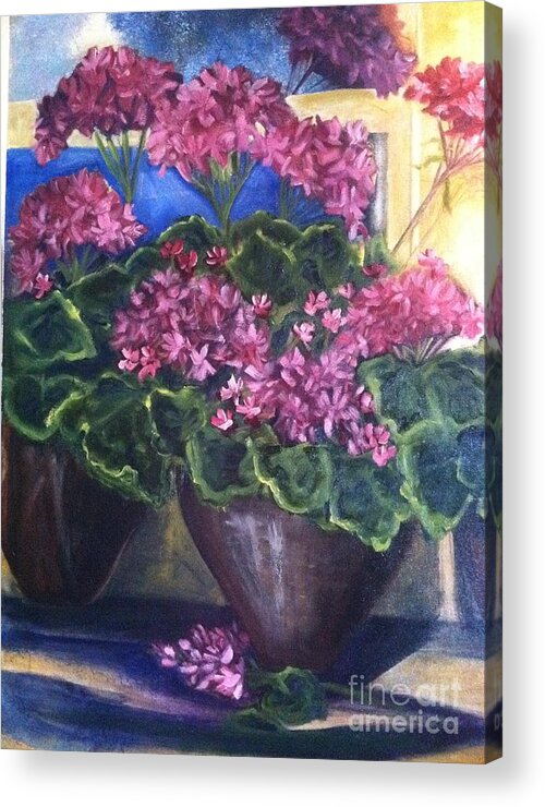 Orchards Acrylic Print featuring the painting Geraniums Blooming by Sherry Harradence