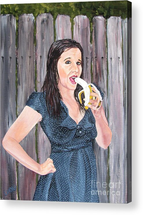 polka Dot Dress Acrylic Print featuring the painting Girl with a blue polka dot dress about to eat a banana by Aarron Laidig