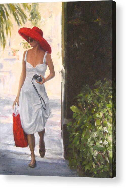 Red Hat Acrylic Print featuring the painting Glamour in a Red Hat by Connie Schaertl