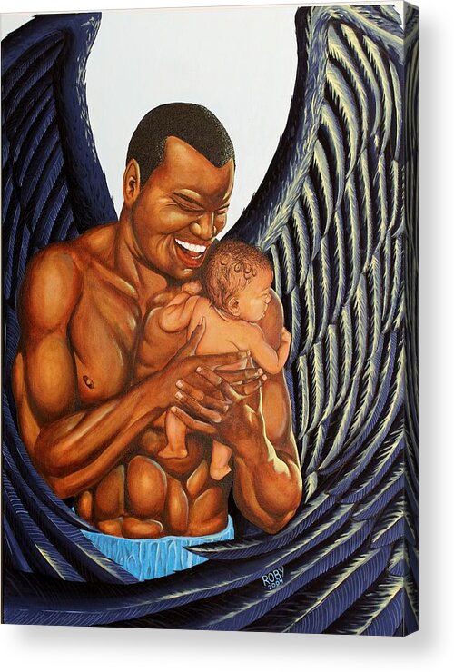 Strong African American Male Depicted As An Angel Holding An Infant. Acrylic Print featuring the painting Guardian by William Roby