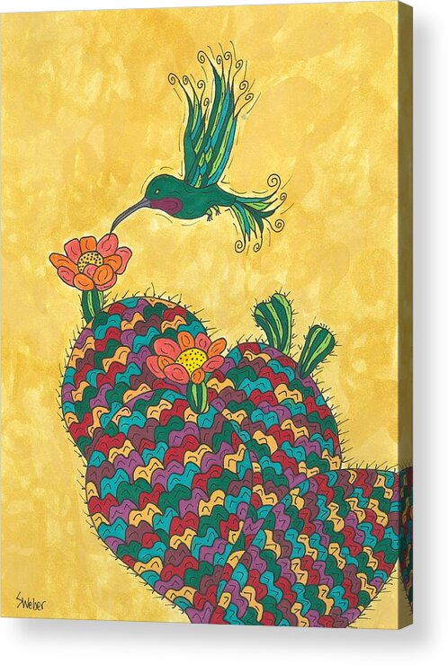 Prickly Pear Acrylic Print featuring the painting Hummingbird and Prickly Pear by Susie Weber