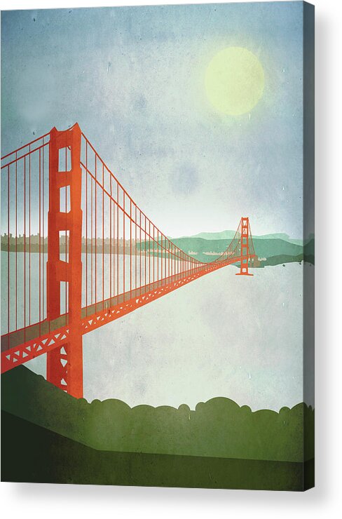 Built Structure Acrylic Print featuring the digital art Illustration Of Golden Gate Bridge Over by Malte Mueller