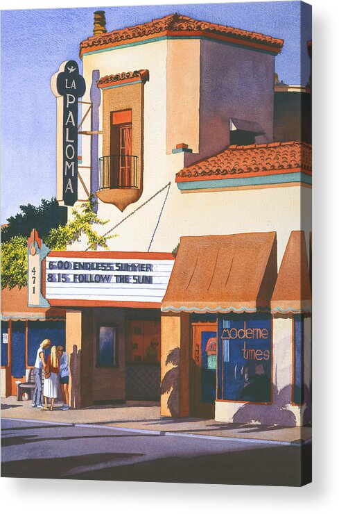 La Paloma Acrylic Print featuring the painting La Paloma Theater in Encinitas by Mary Helmreich