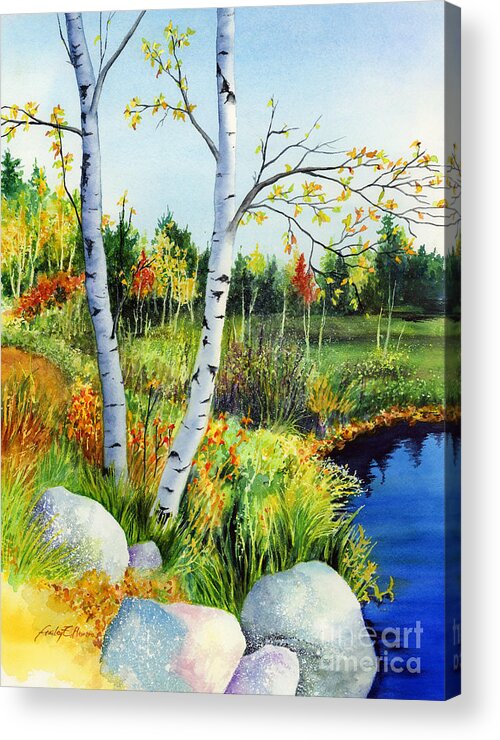 Birches Acrylic Print featuring the painting Lakeside Birches by Hailey E Herrera