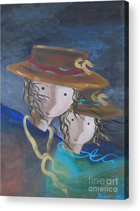 Mother And Daughter Acrylic Print featuring the painting Let the Wind Blow by Nereida Rodriguez