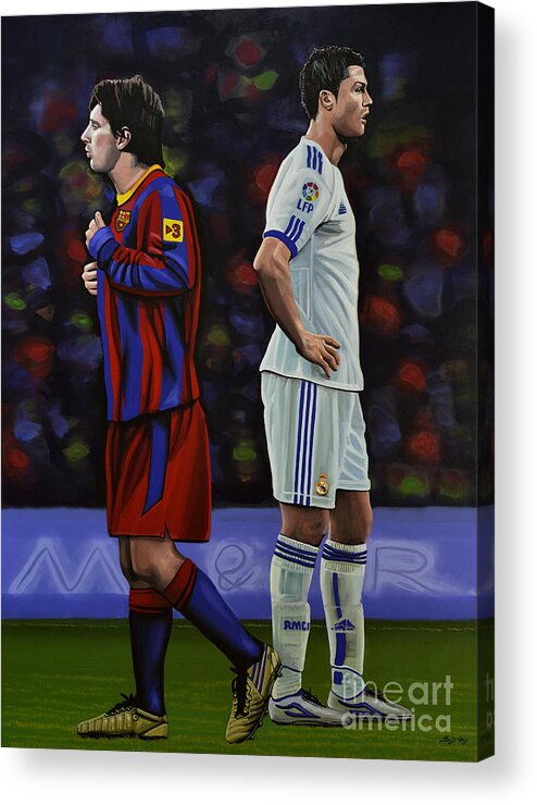 Lionel Messi Acrylic Print featuring the painting Lionel Messi and Cristiano Ronaldo by Paul Meijering