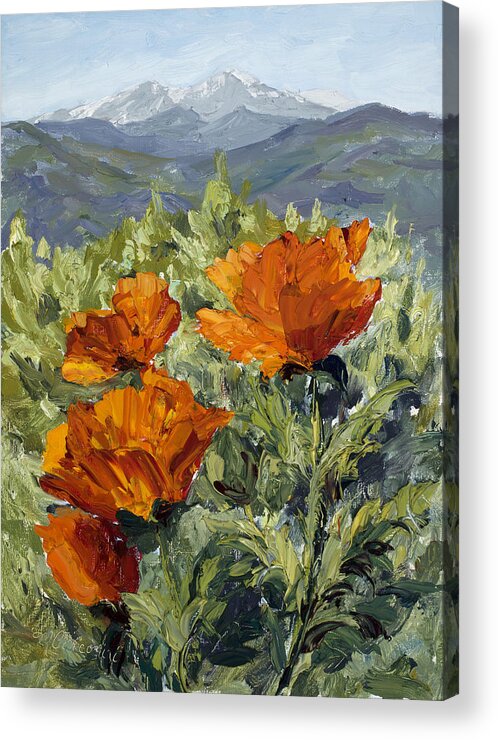 Oil Acrylic Print featuring the painting Longs Peak Poppies by Mary Giacomini