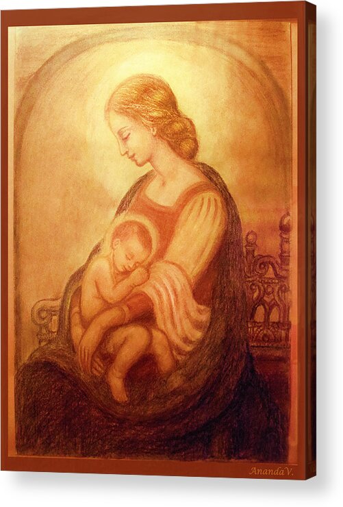 Madonna And Child Acrylic Print featuring the mixed media Madonna with the sleeping child by Ananda Vdovic