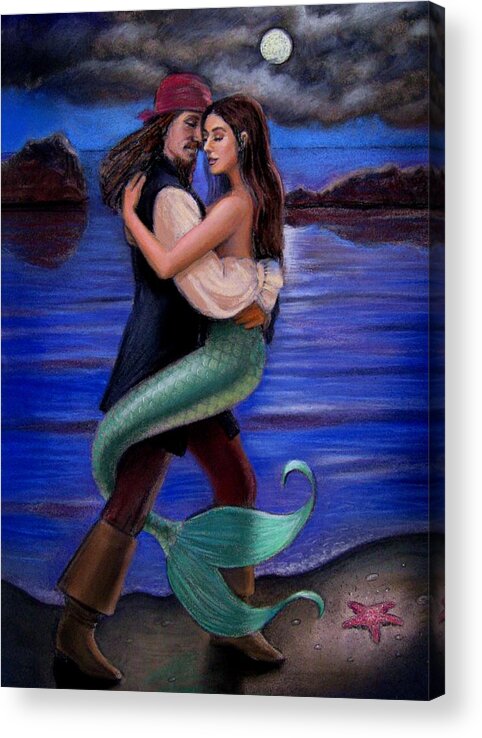 Mermaid Acrylic Print featuring the painting Mermaid and Pirate's Caribbean Love by Sue Halstenberg